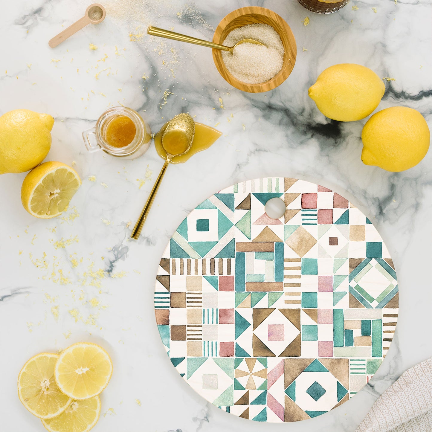 Ninola Design Charming Nostalgia Geometric Tiles Patchwork Aqua Pink Gold Cutting Board Round