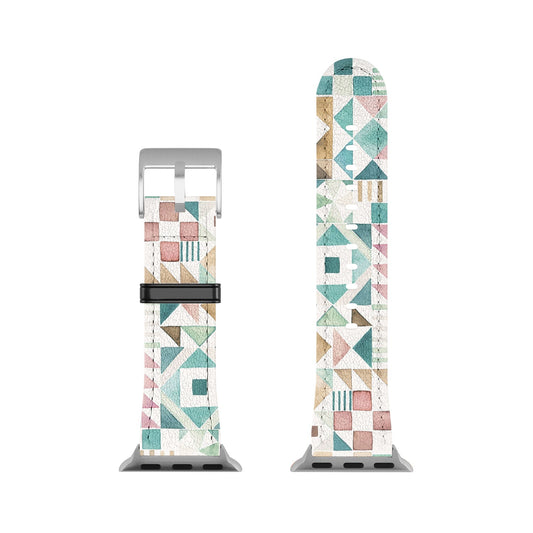 Ninola Design Charming Nostalgia Geometric Tiles Patchwork Aqua Pink Gold Apple Watch Band