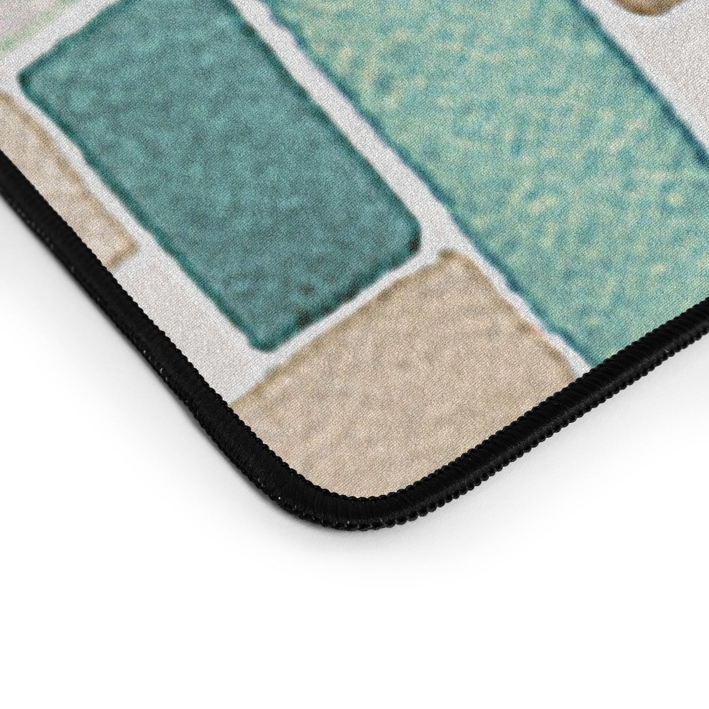 Ninola Design Charming Nostalgia Geometric Tiles Patchwork Aqua Pink Gold Desk Mat