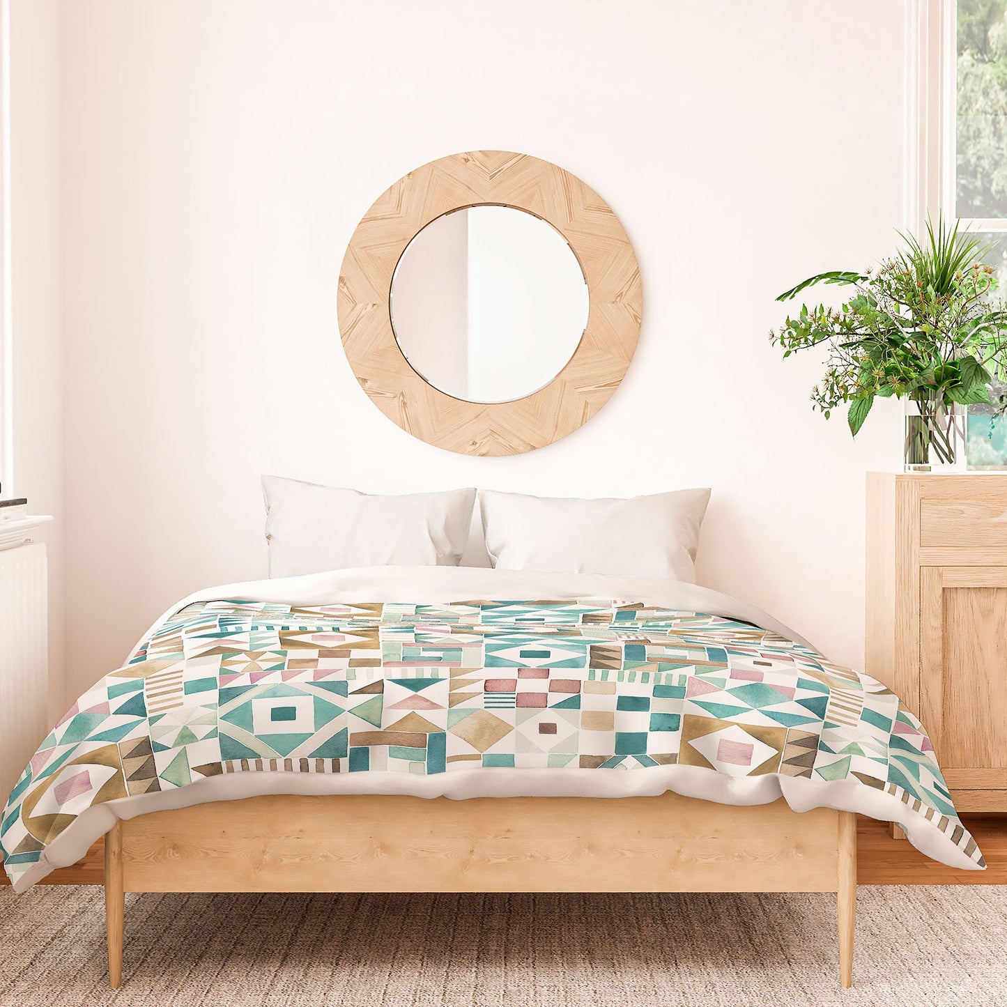 Ninola Design Charming Nostalgia Geometric Tiles Patchwork Aqua Pink Gold Duvet Cover