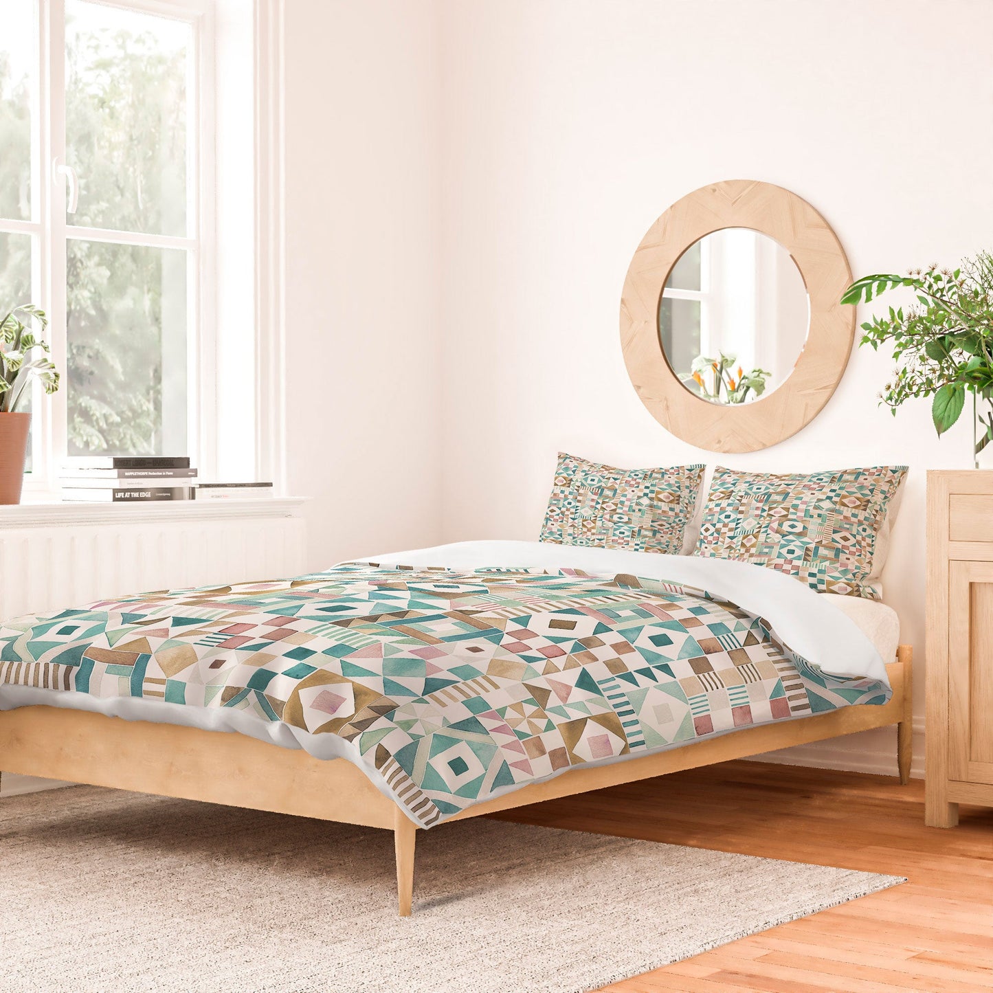Ninola Design Charming Nostalgia Geometric Tiles Patchwork Aqua Pink Gold Duvet Cover