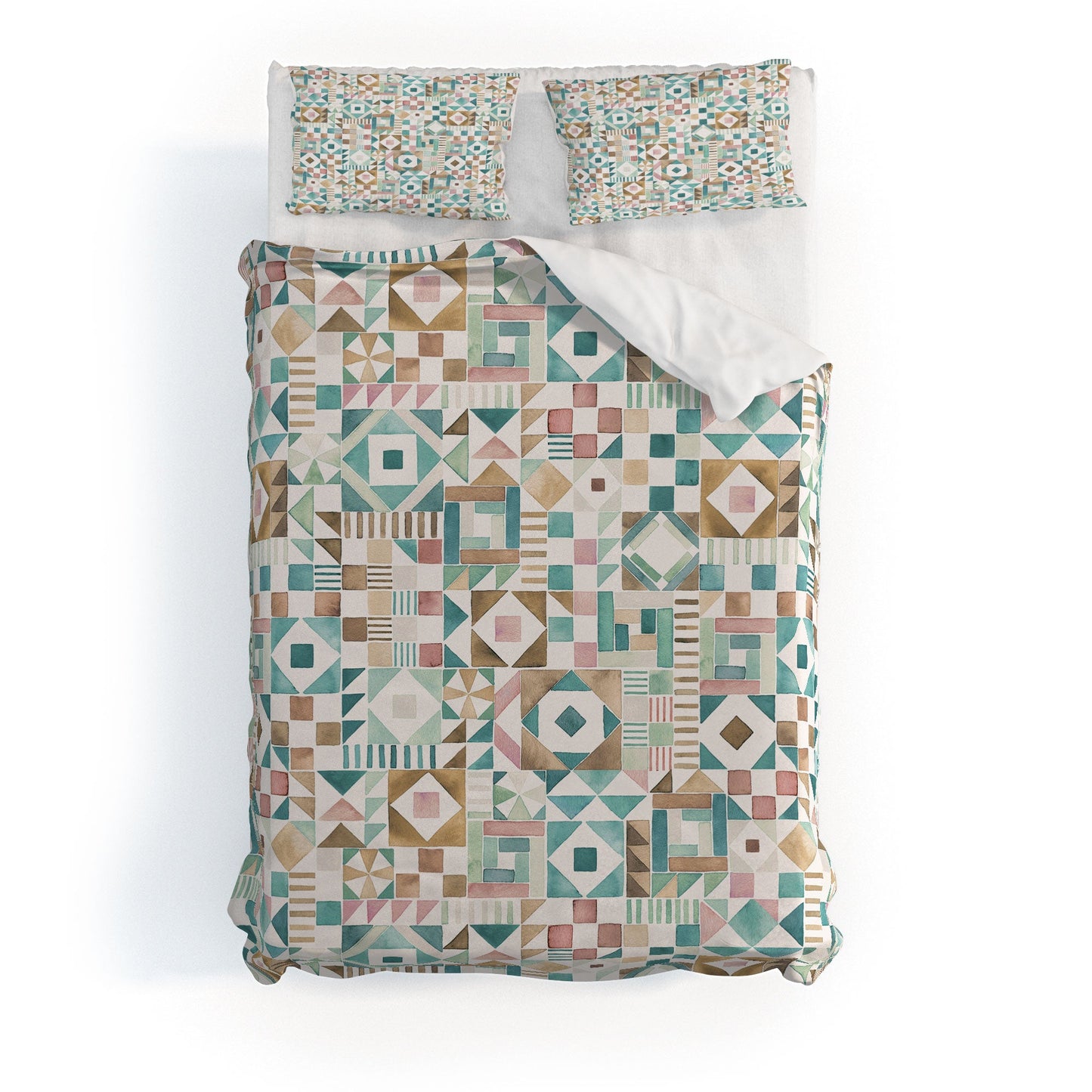Ninola Design Charming Nostalgia Geometric Tiles Patchwork Aqua Pink Gold Duvet Cover