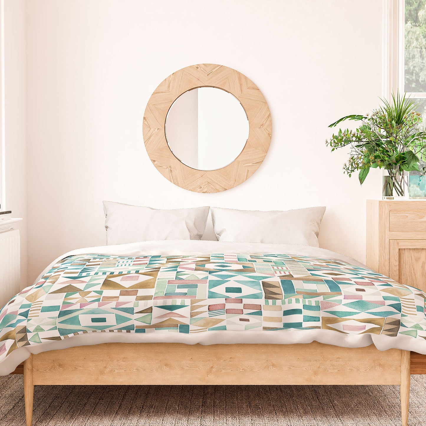 Ninola Design Charming Nostalgia Geometric Tiles Patchwork Aqua Pink Gold Duvet Cover