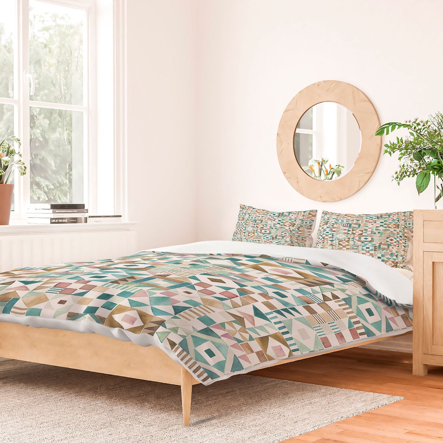 Ninola Design Charming Nostalgia Geometric Tiles Patchwork Aqua Pink Gold Duvet Cover