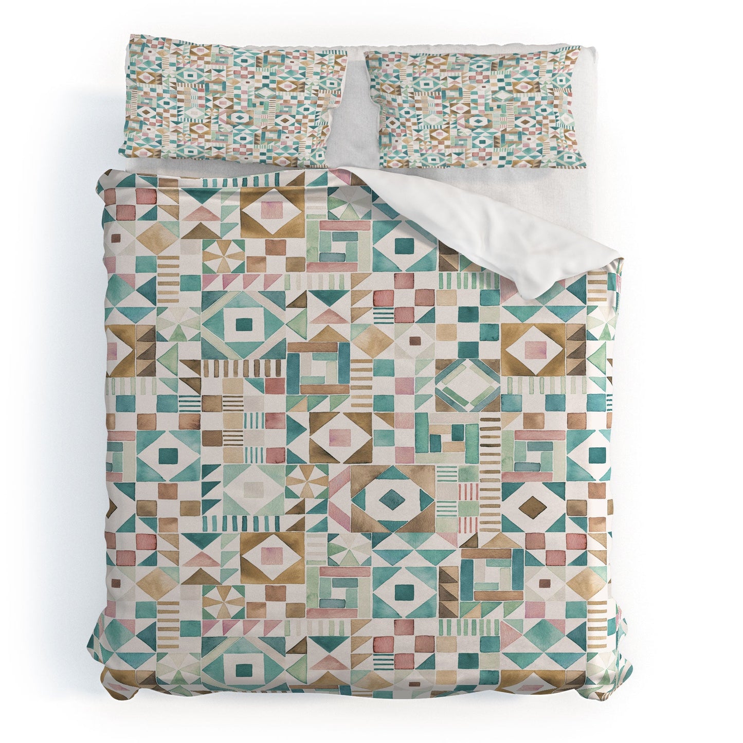 Ninola Design Charming Nostalgia Geometric Tiles Patchwork Aqua Pink Gold Duvet Cover