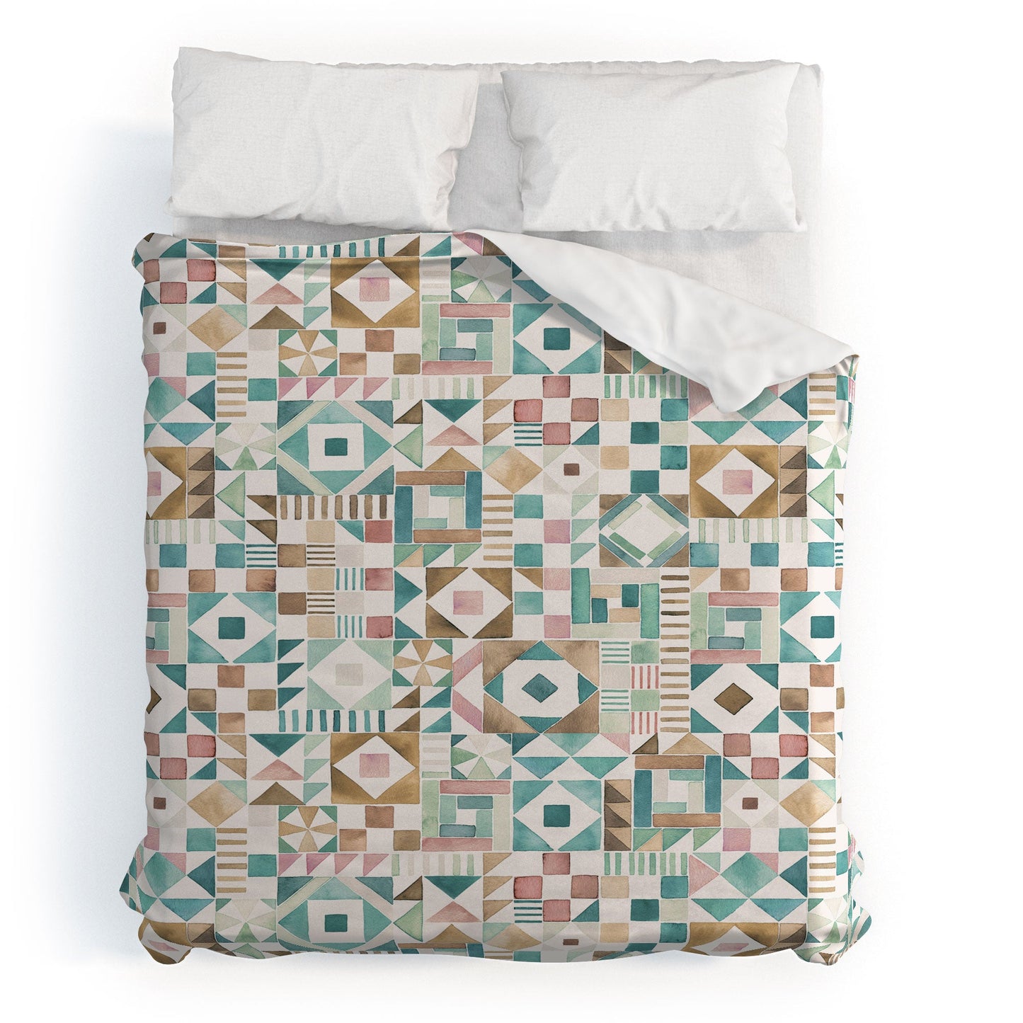 Ninola Design Charming Nostalgia Geometric Tiles Patchwork Aqua Pink Gold Duvet Cover