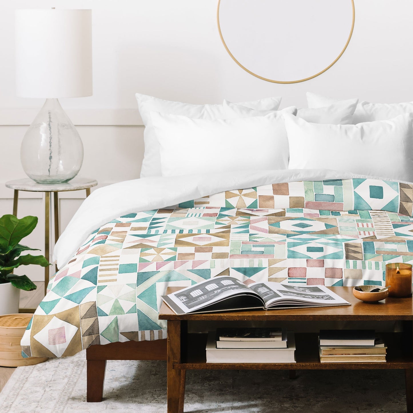Ninola Design Charming Nostalgia Geometric Tiles Patchwork Aqua Pink Gold Duvet Cover