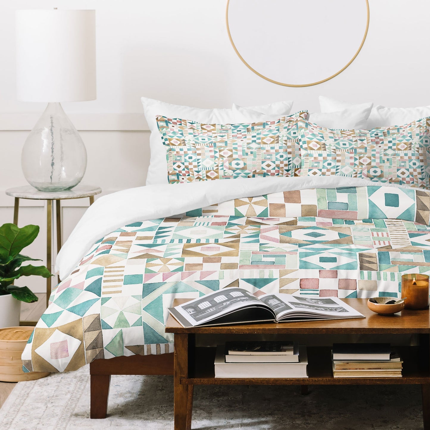 Ninola Design Charming Nostalgia Geometric Tiles Patchwork Aqua Pink Gold Duvet Cover