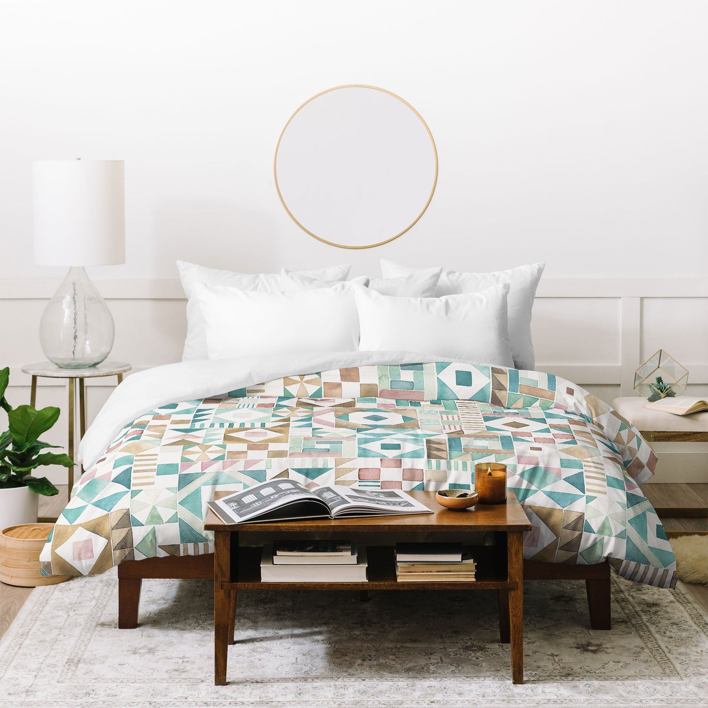 Ninola Design Charming Nostalgia Geometric Tiles Patchwork Aqua Pink Gold Duvet Cover