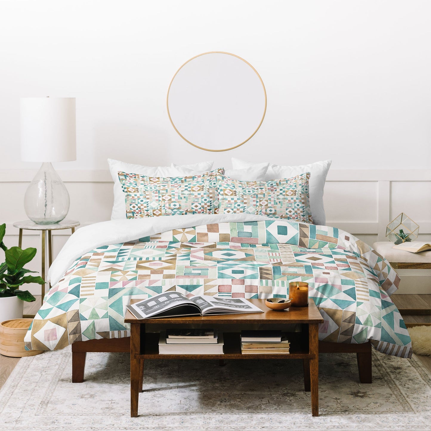 Ninola Design Charming Nostalgia Geometric Tiles Patchwork Aqua Pink Gold Duvet Cover