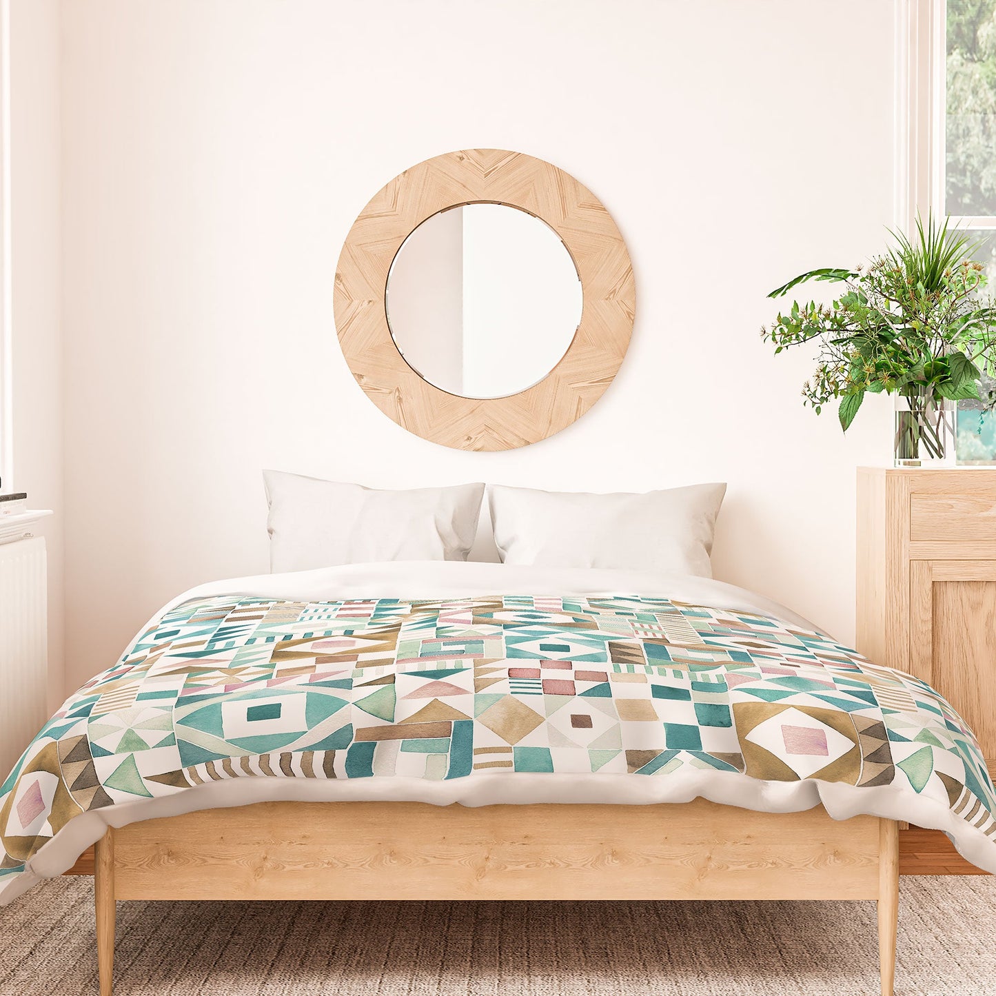 Ninola Design Charming Nostalgia Geometric Tiles Patchwork Aqua Pink Gold Duvet Cover