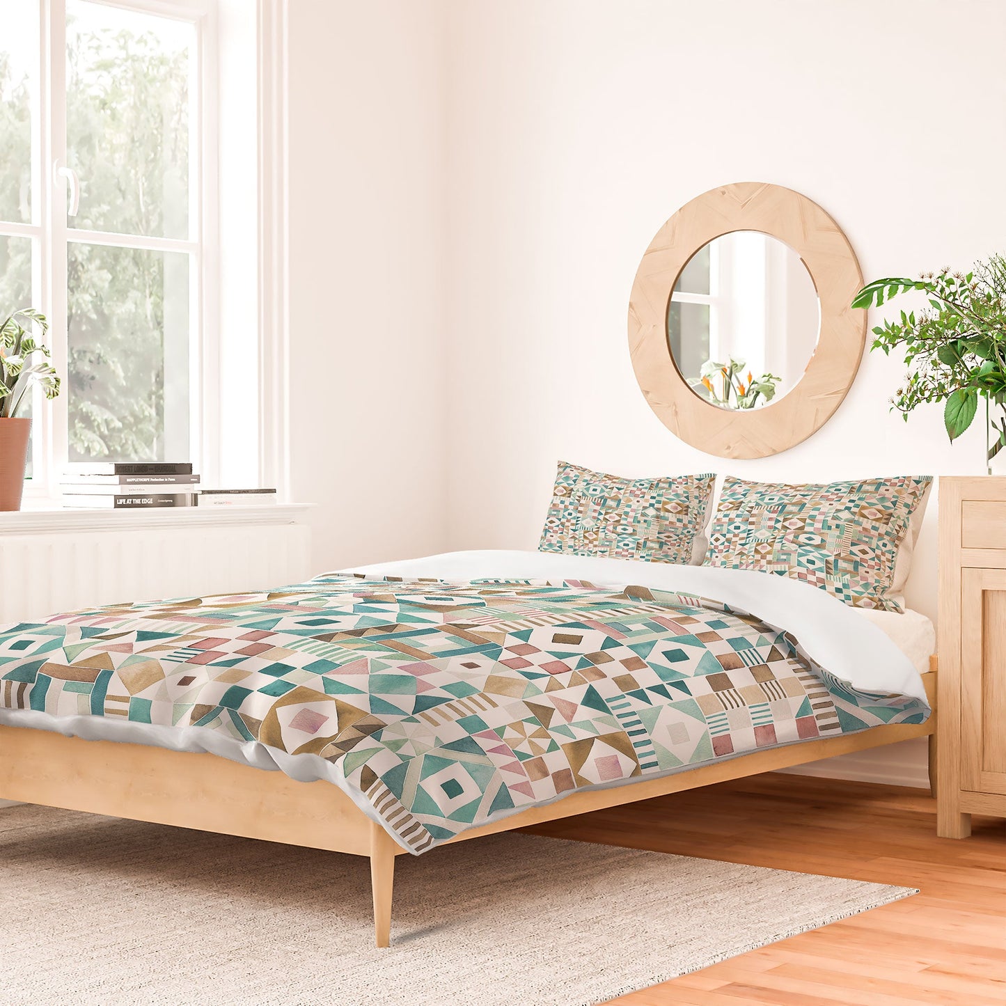 Ninola Design Charming Nostalgia Geometric Tiles Patchwork Aqua Pink Gold Duvet Cover