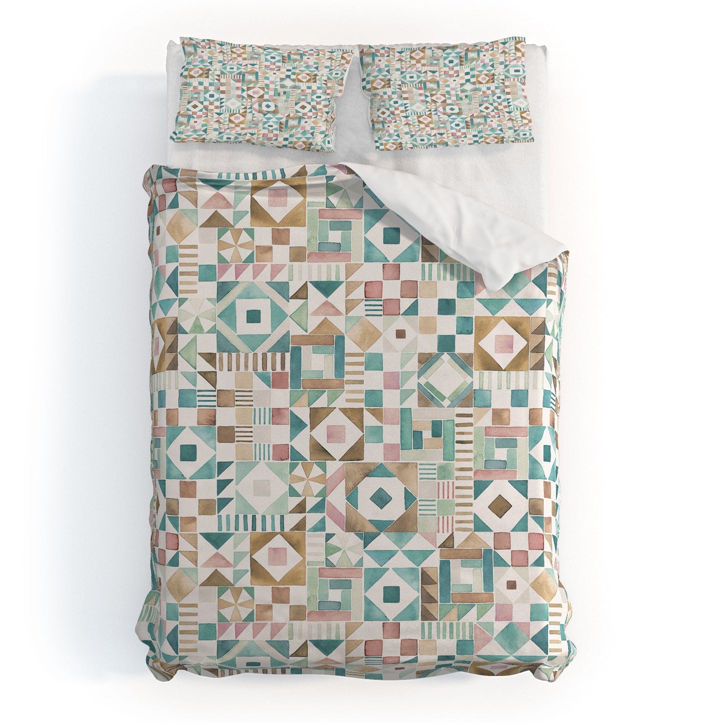 Ninola Design Charming Nostalgia Geometric Tiles Patchwork Aqua Pink Gold Duvet Cover