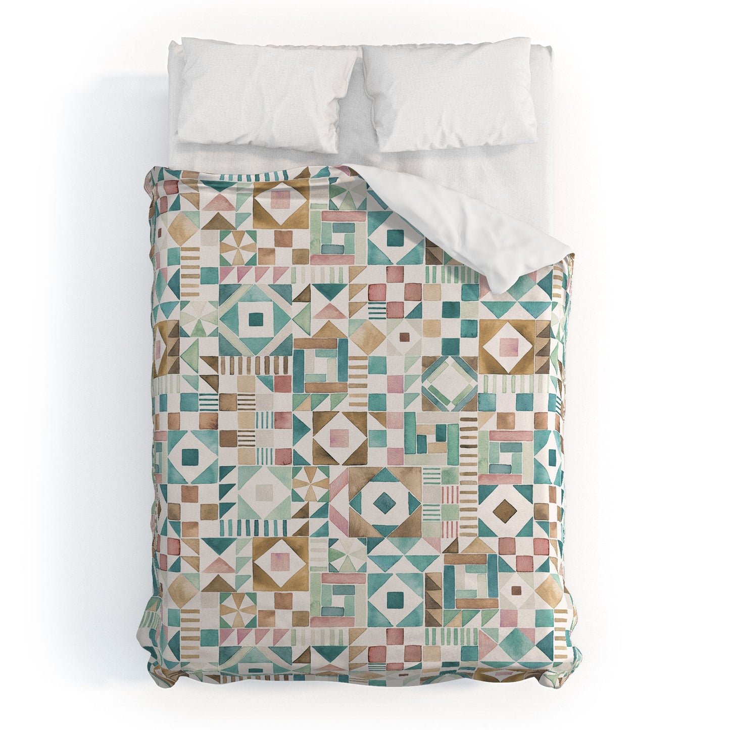 Ninola Design Charming Nostalgia Geometric Tiles Patchwork Aqua Pink Gold Duvet Cover