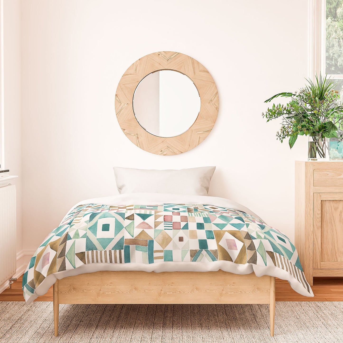 Ninola Design Charming Nostalgia Geometric Tiles Patchwork Aqua Pink Gold Duvet Cover