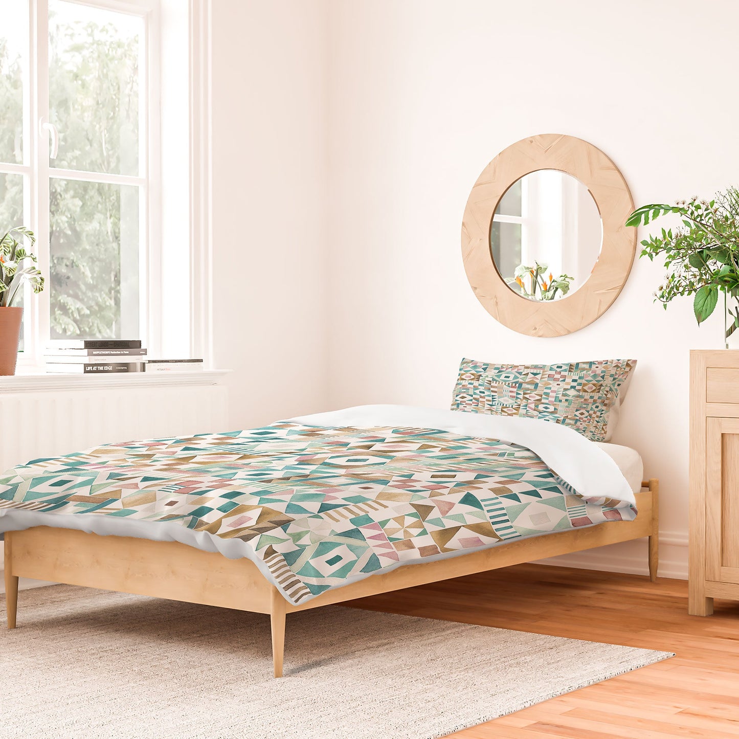 Ninola Design Charming Nostalgia Geometric Tiles Patchwork Aqua Pink Gold Duvet Cover