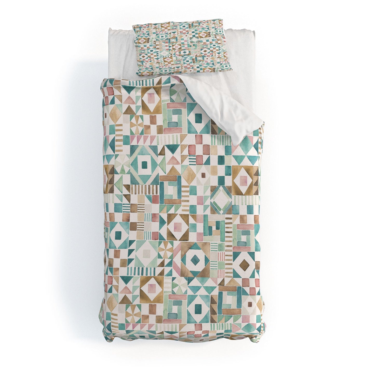 Ninola Design Charming Nostalgia Geometric Tiles Patchwork Aqua Pink Gold Duvet Cover