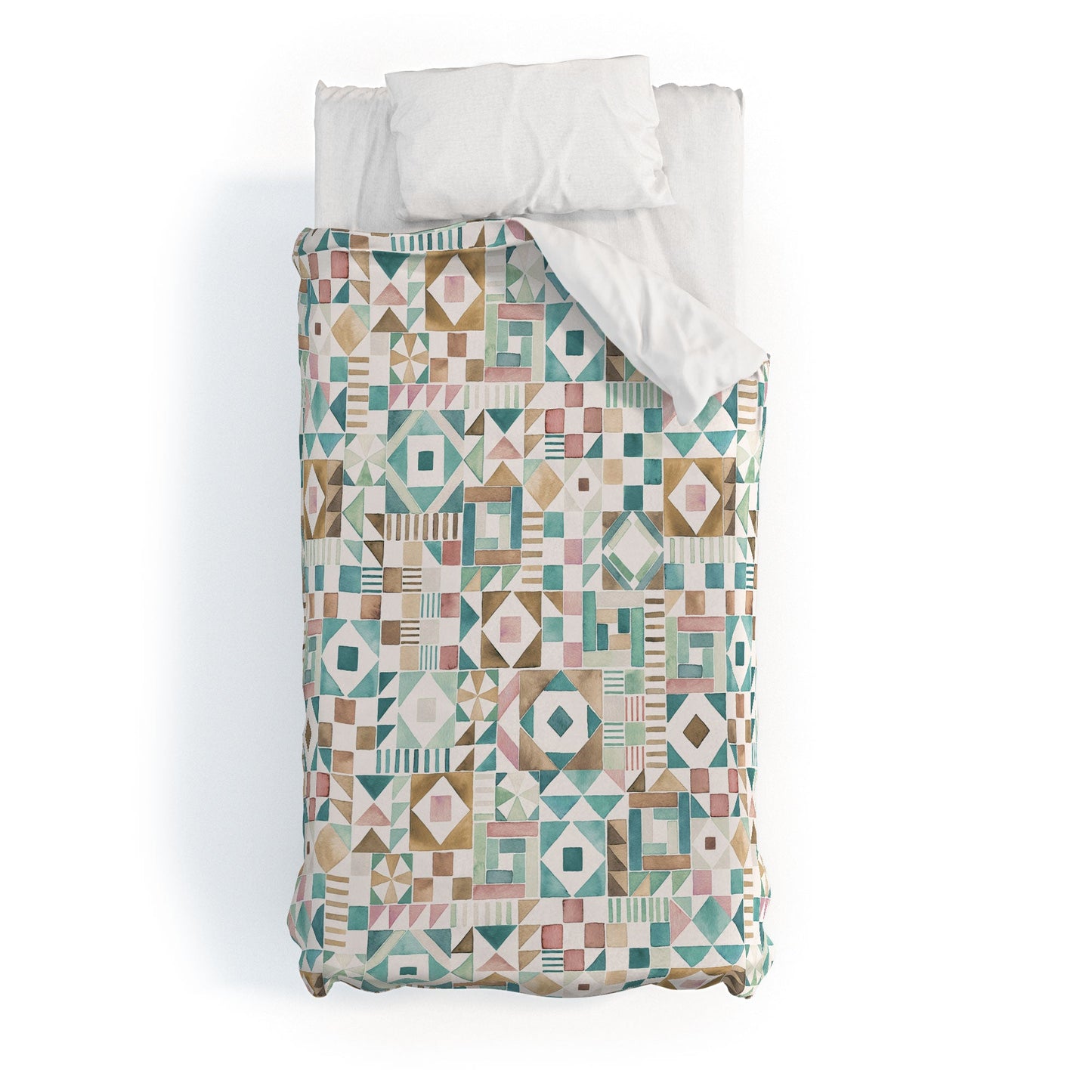 Ninola Design Charming Nostalgia Geometric Tiles Patchwork Aqua Pink Gold Duvet Cover