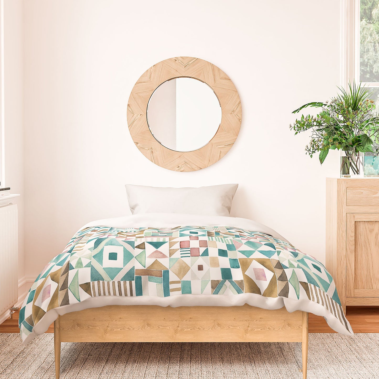 Ninola Design Charming Nostalgia Geometric Tiles Patchwork Aqua Pink Gold Duvet Cover