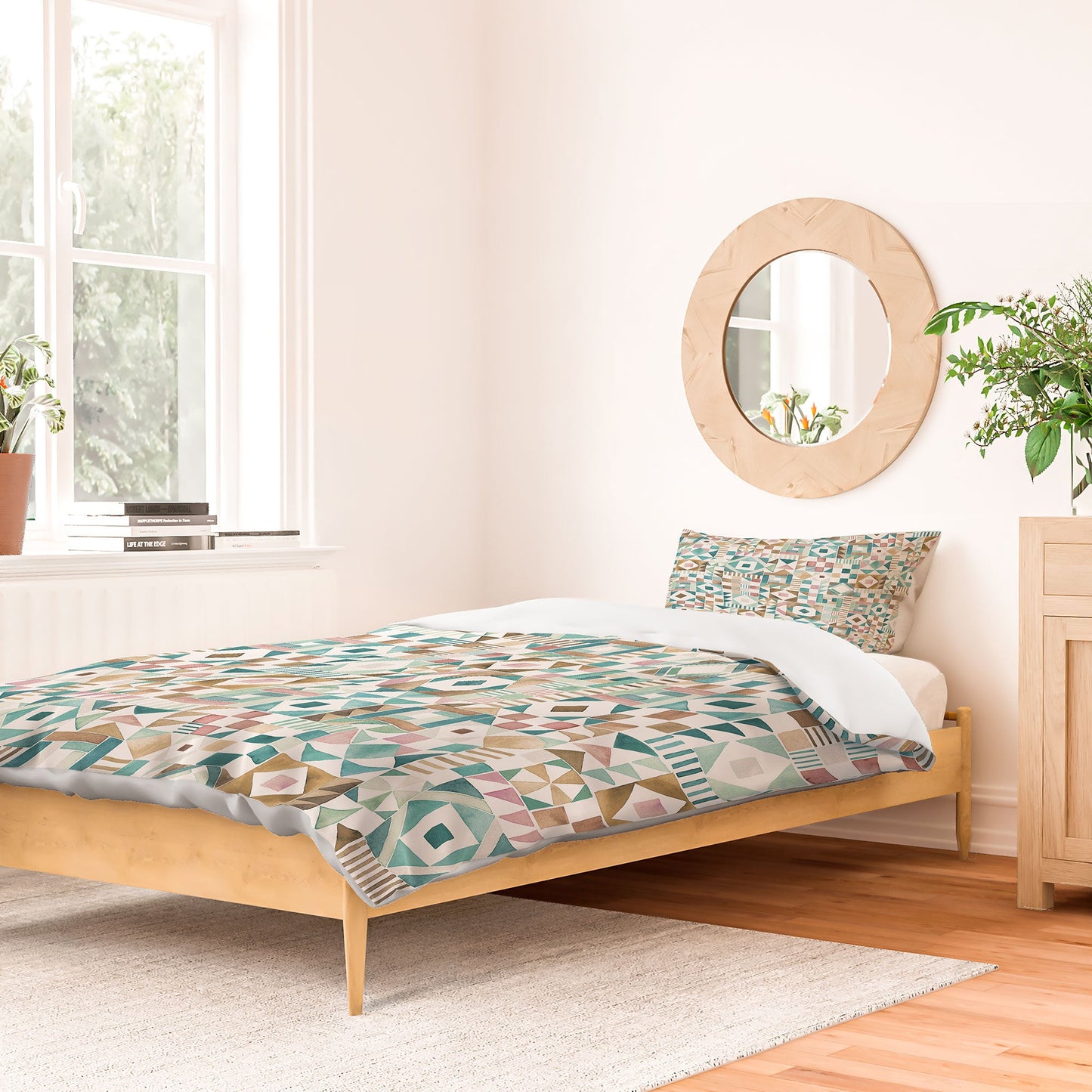 Ninola Design Charming Nostalgia Geometric Tiles Patchwork Aqua Pink Gold Duvet Cover