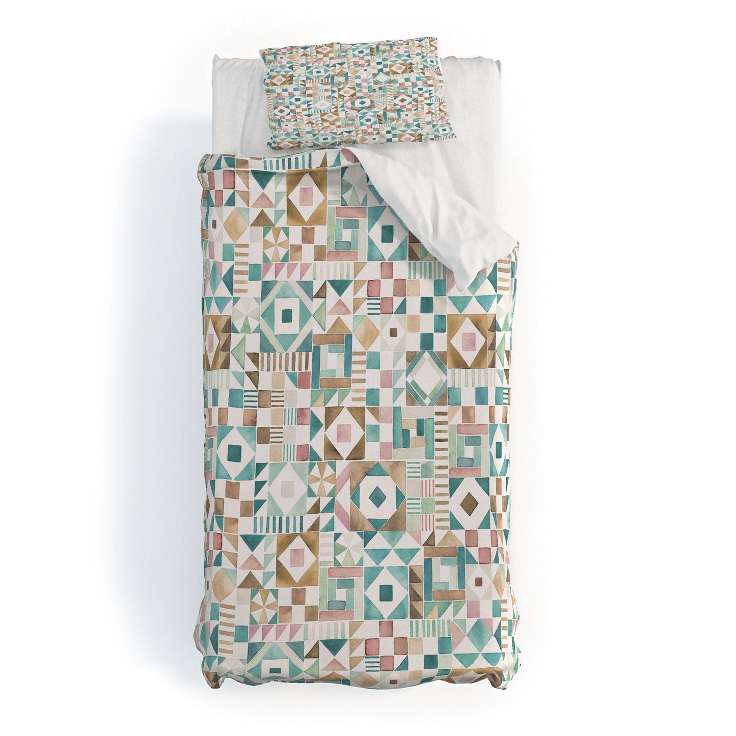 Ninola Design Charming Nostalgia Geometric Tiles Patchwork Aqua Pink Gold Duvet Cover