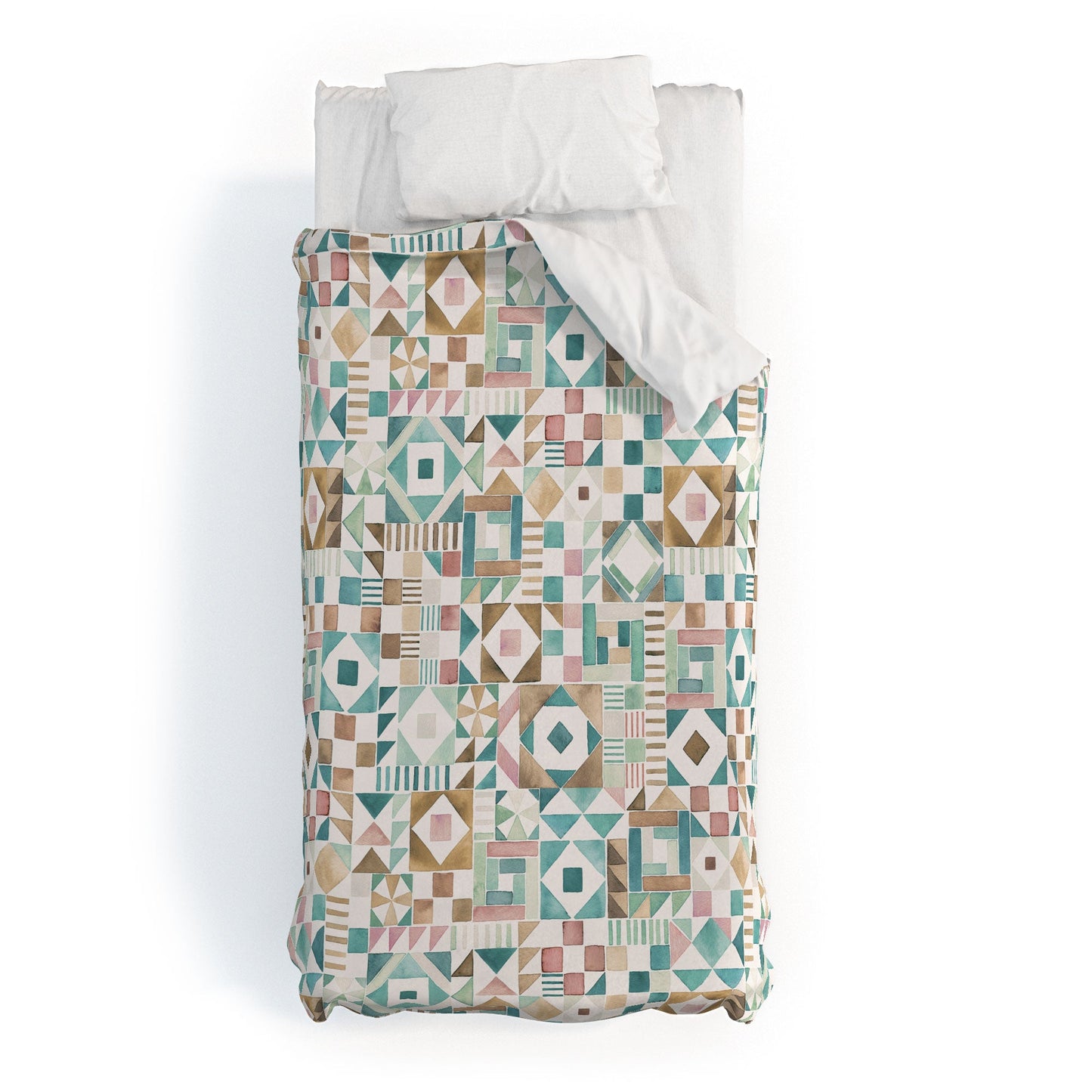 Ninola Design Charming Nostalgia Geometric Tiles Patchwork Aqua Pink Gold Duvet Cover