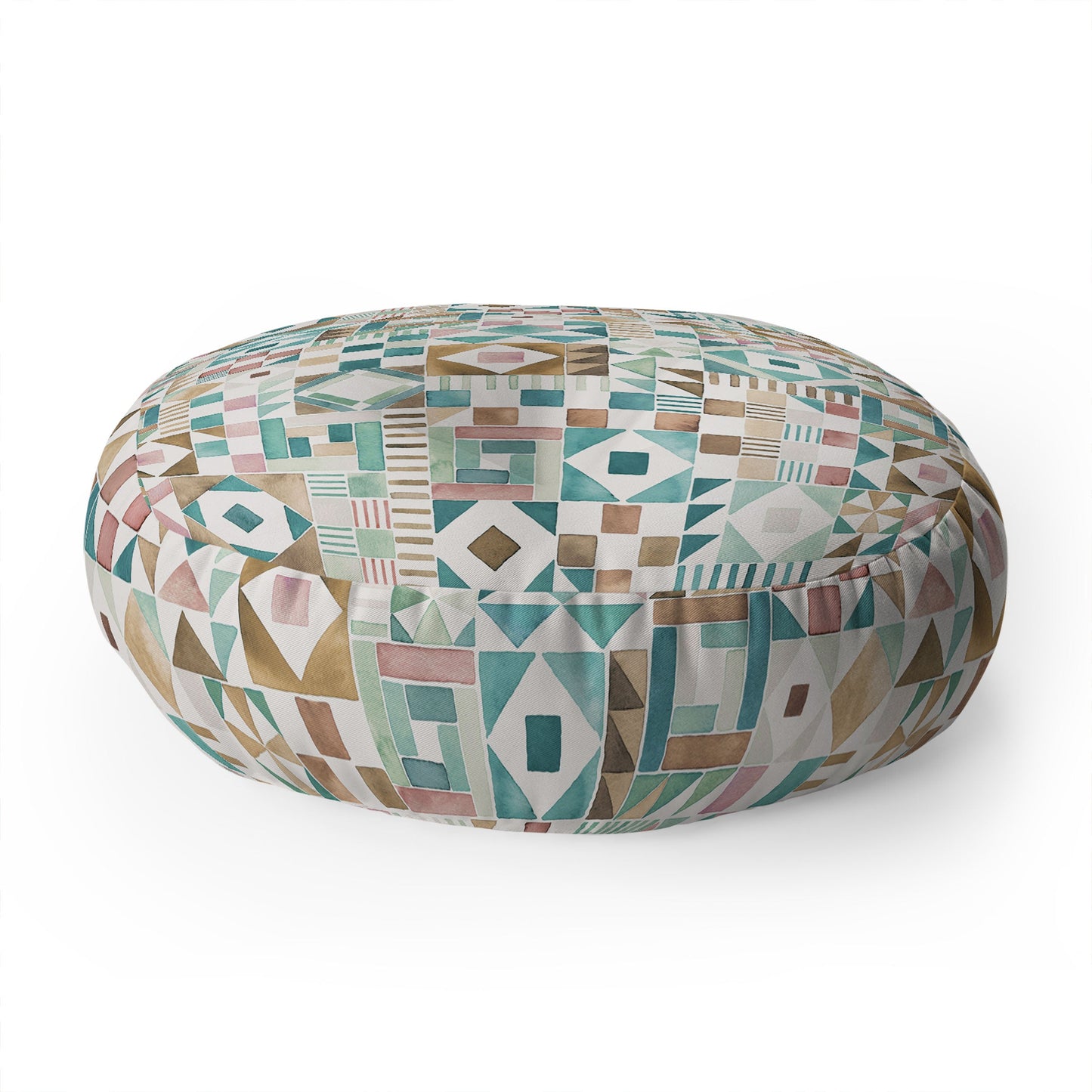 Ninola Design Charming Nostalgia Geometric Tiles Patchwork Aqua Pink Gold Floor Pillow Round