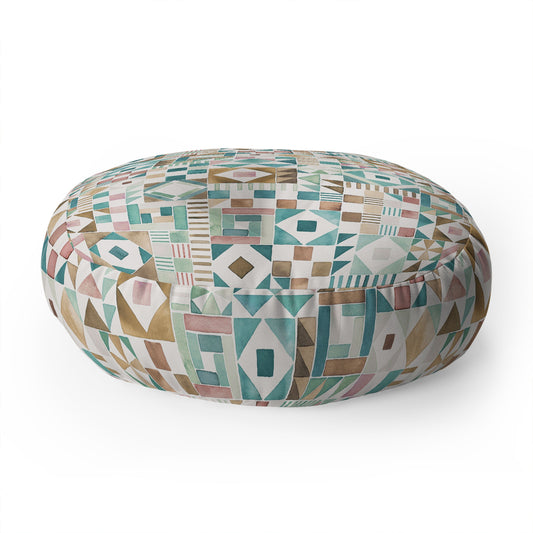 Ninola Design Charming Nostalgia Geometric Tiles Patchwork Aqua Pink Gold Floor Pillow Round