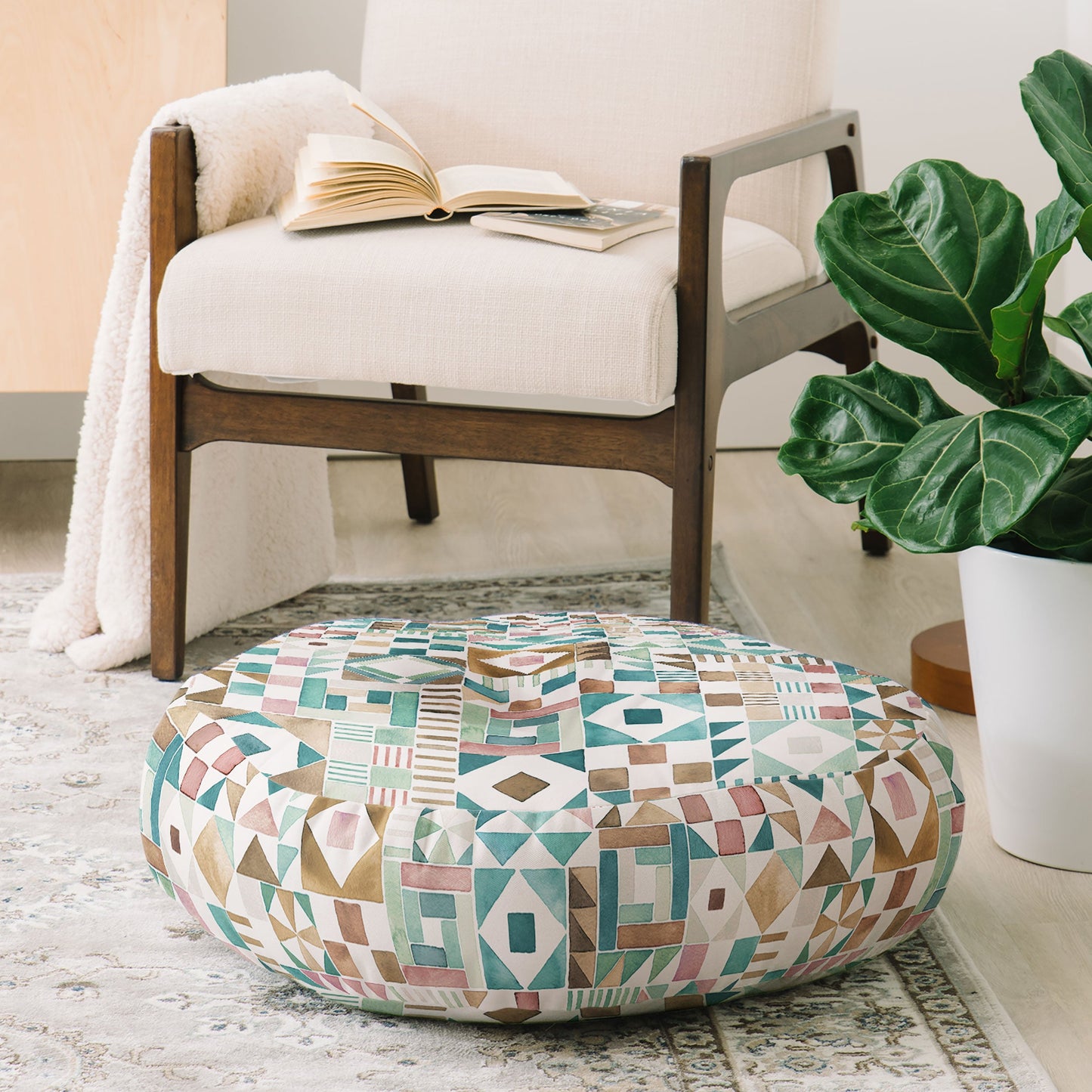 Ninola Design Charming Nostalgia Geometric Tiles Patchwork Aqua Pink Gold Floor Pillow Round