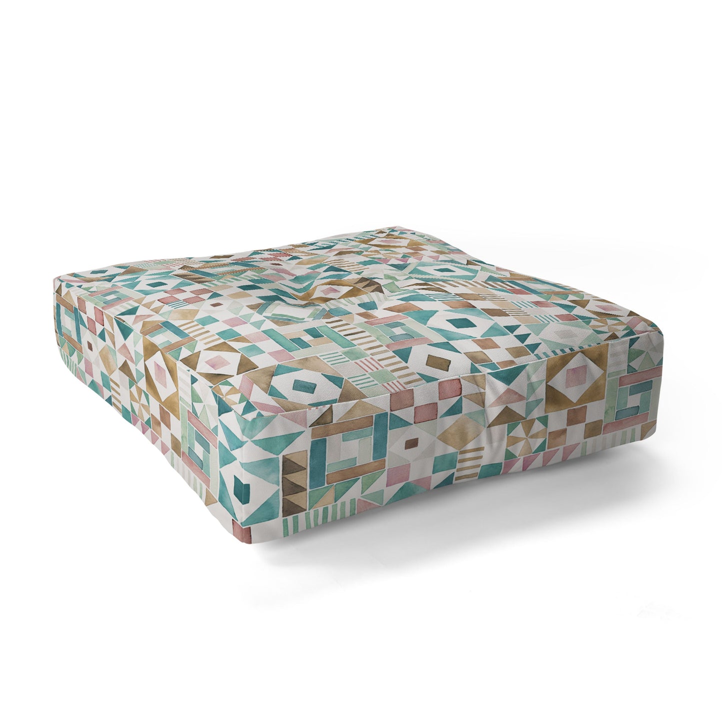 Ninola Design Charming Nostalgia Geometric Tiles Patchwork Aqua Pink Gold Floor Pillow Square