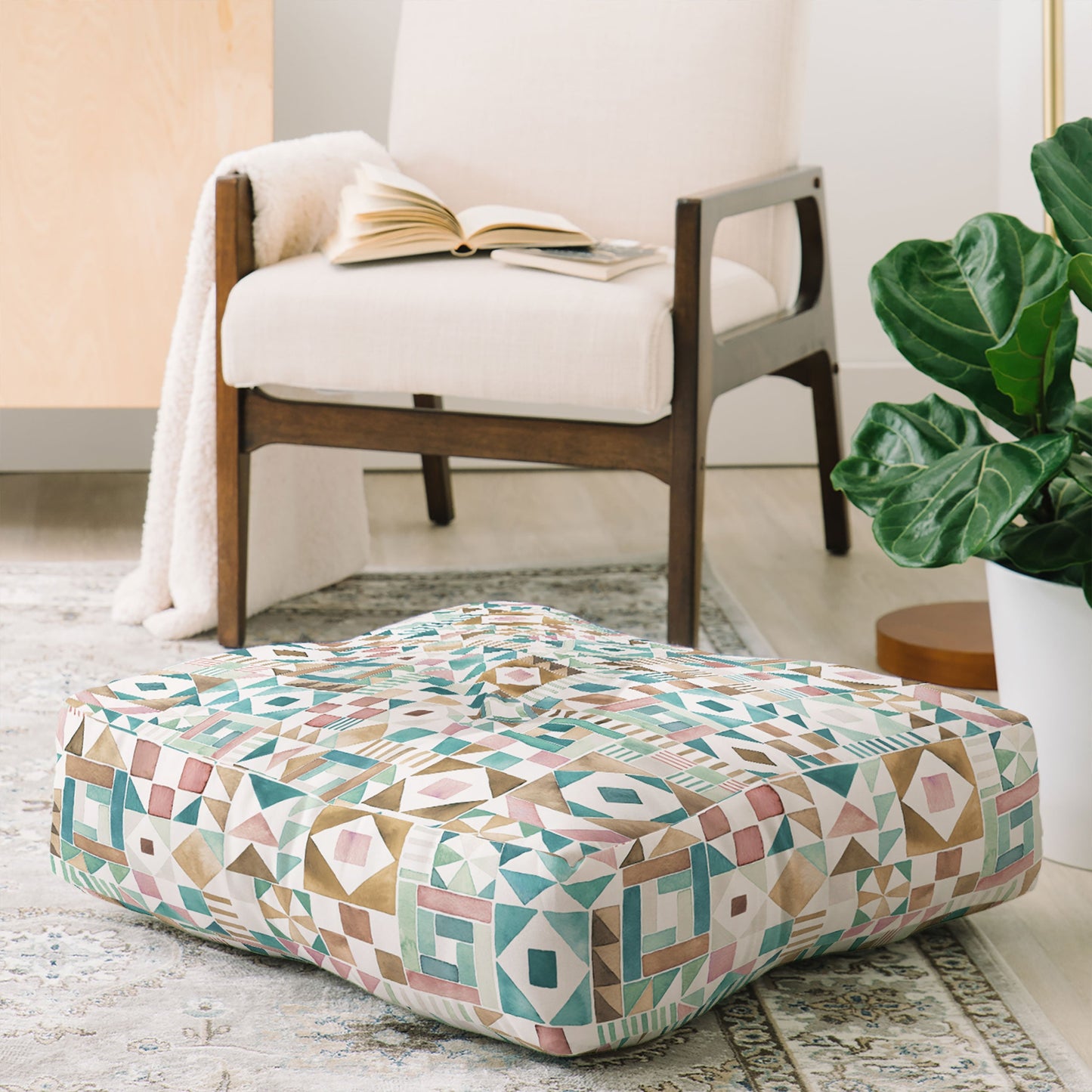 Ninola Design Charming Nostalgia Geometric Tiles Patchwork Aqua Pink Gold Floor Pillow Square