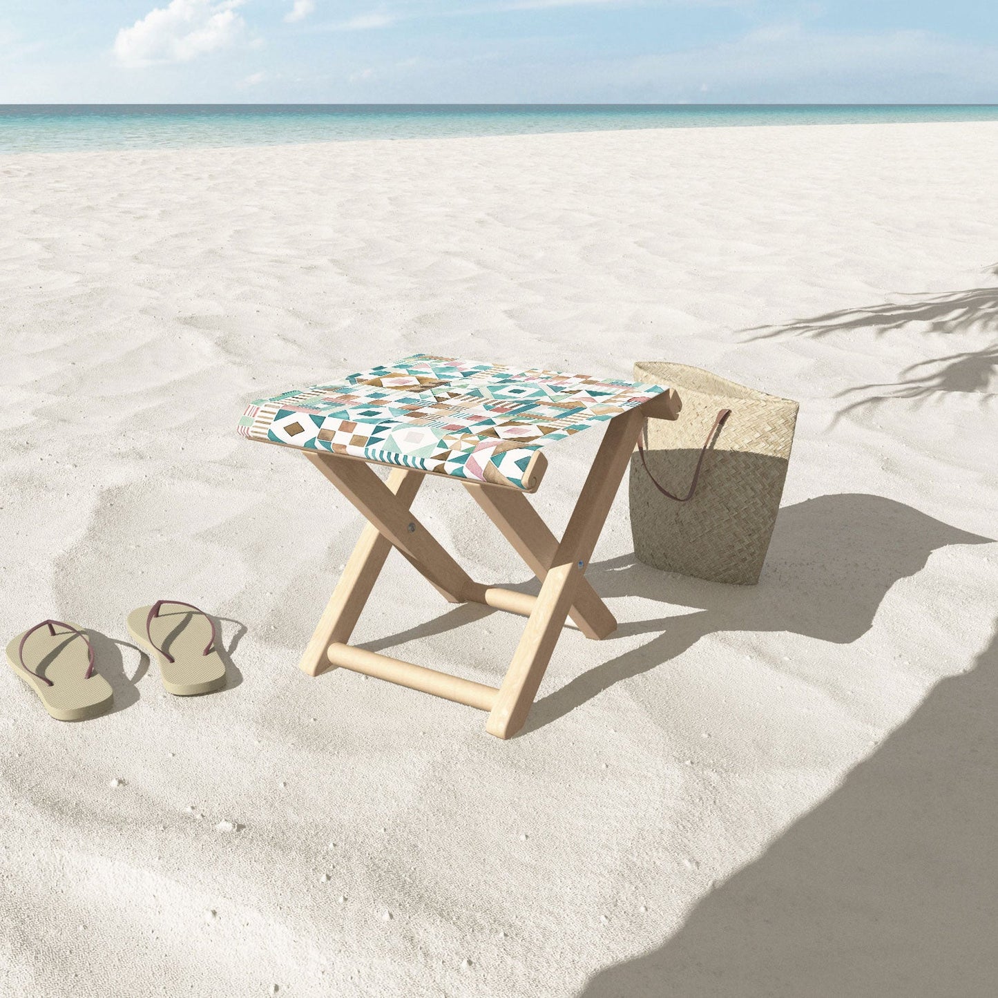 Ninola Design Charming Nostalgia Geometric Tiles Patchwork Aqua Pink Gold Folding Stool