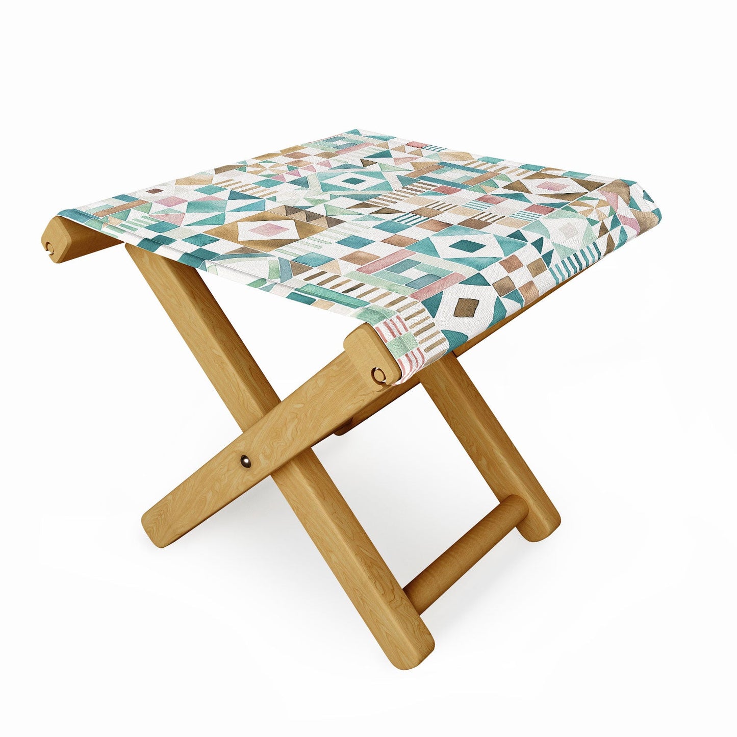 Ninola Design Charming Nostalgia Geometric Tiles Patchwork Aqua Pink Gold Folding Stool