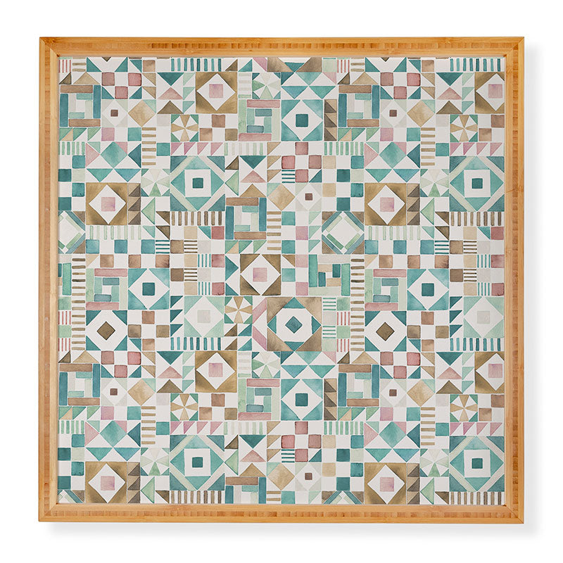 Ninola Design Charming Nostalgia Geometric Tiles Patchwork Aqua Pink Gold Framed Wall Art