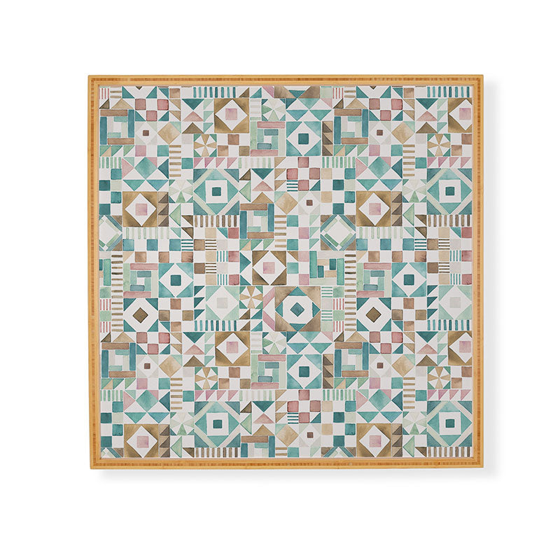 Ninola Design Charming Nostalgia Geometric Tiles Patchwork Aqua Pink Gold Framed Wall Art