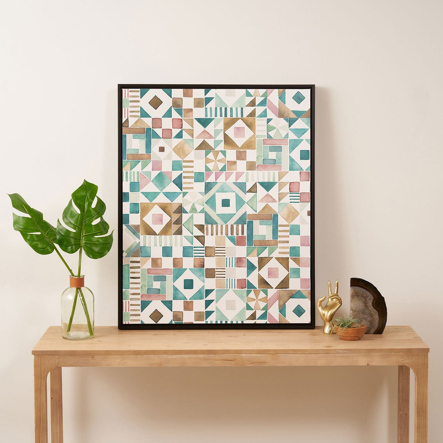 Ninola Design Charming Nostalgia Geometric Tiles Patchwork Aqua Pink Gold Art Canvas