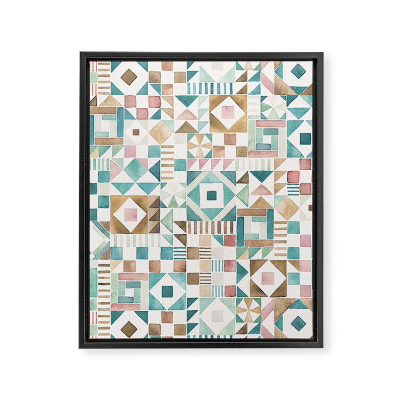 Ninola Design Charming Nostalgia Geometric Tiles Patchwork Aqua Pink Gold Art Canvas