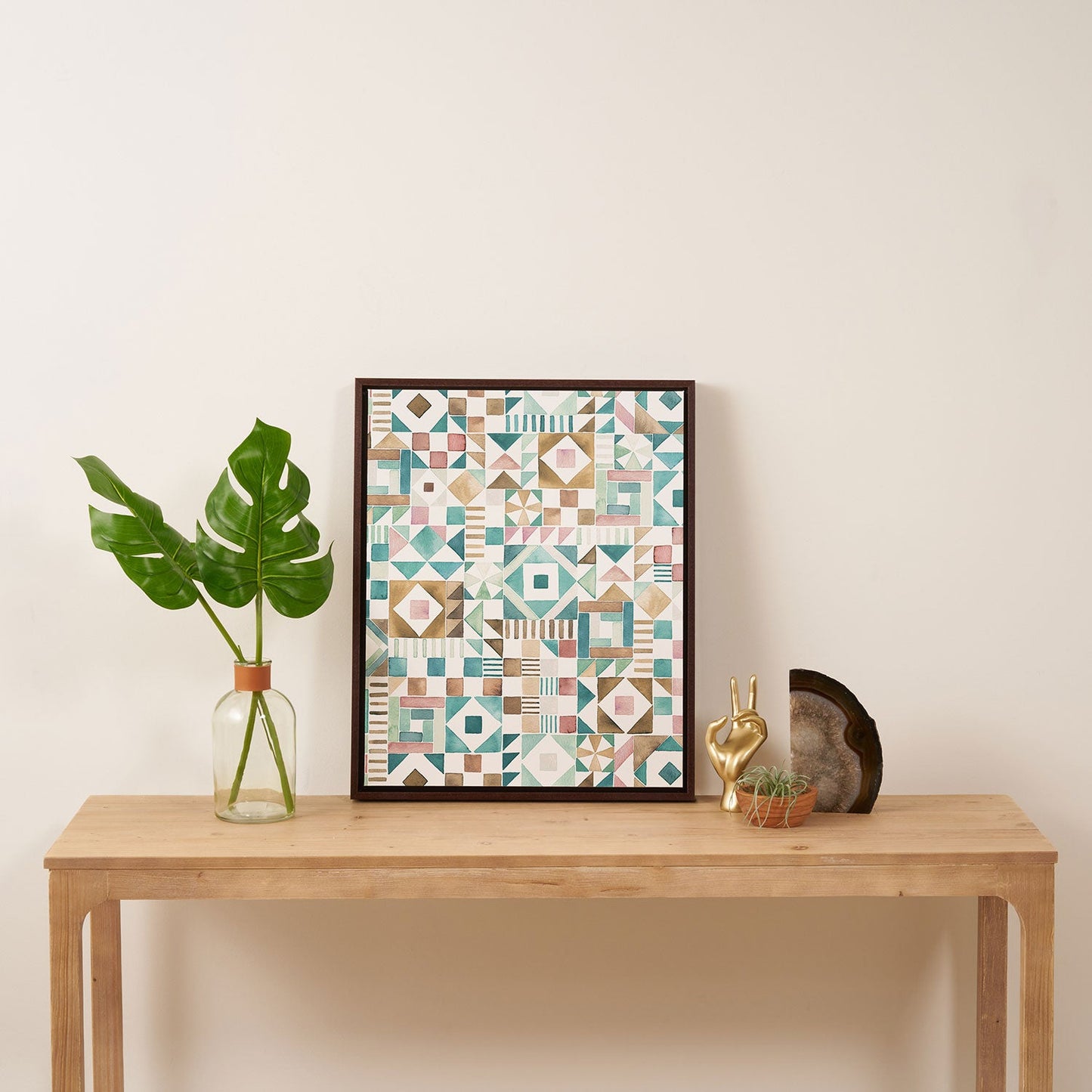 Ninola Design Charming Nostalgia Geometric Tiles Patchwork Aqua Pink Gold Art Canvas