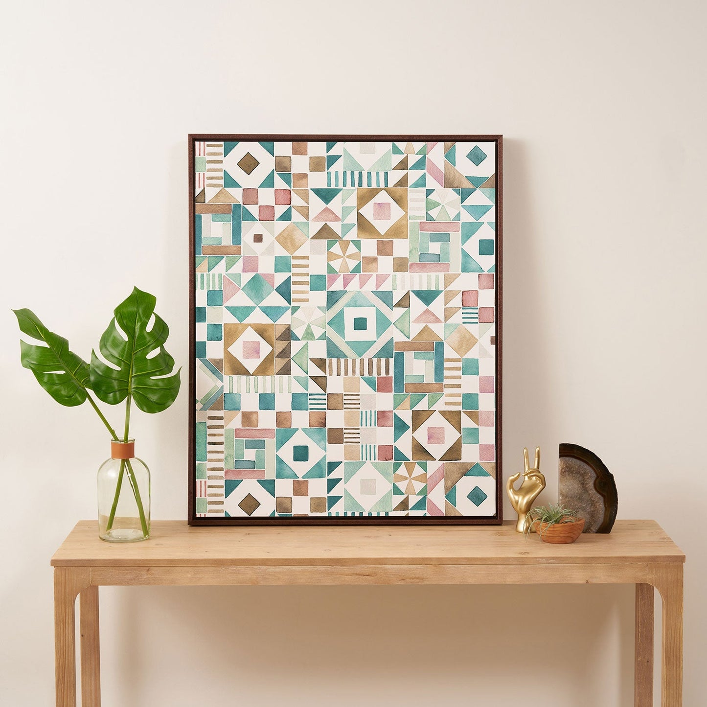 Ninola Design Charming Nostalgia Geometric Tiles Patchwork Aqua Pink Gold Art Canvas