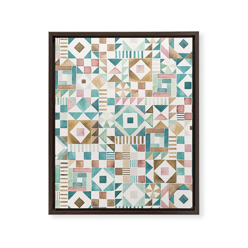 Ninola Design Charming Nostalgia Geometric Tiles Patchwork Aqua Pink Gold Art Canvas