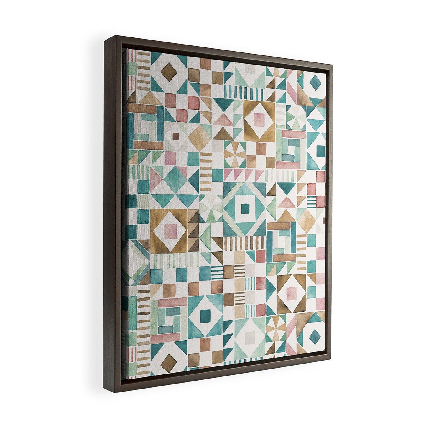 Ninola Design Charming Nostalgia Geometric Tiles Patchwork Aqua Pink Gold Art Canvas