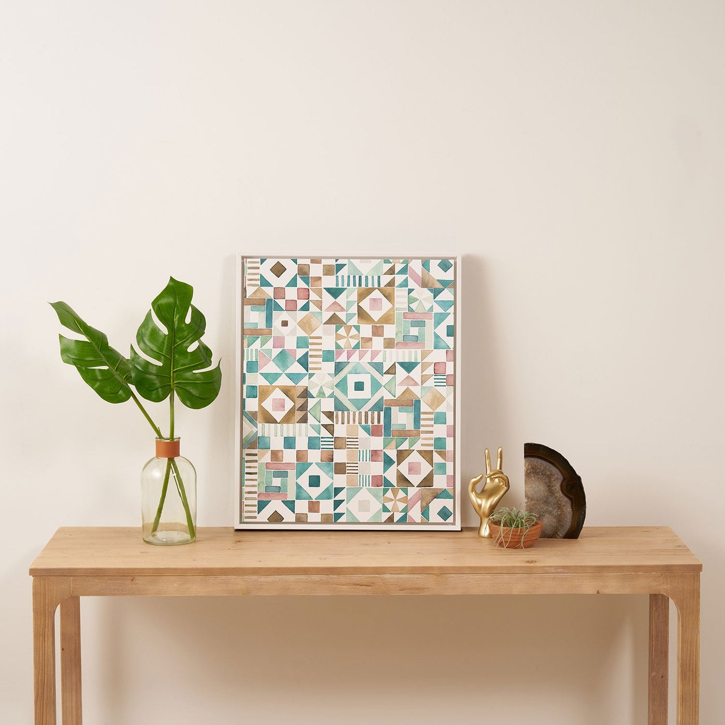 Ninola Design Charming Nostalgia Geometric Tiles Patchwork Aqua Pink Gold Art Canvas