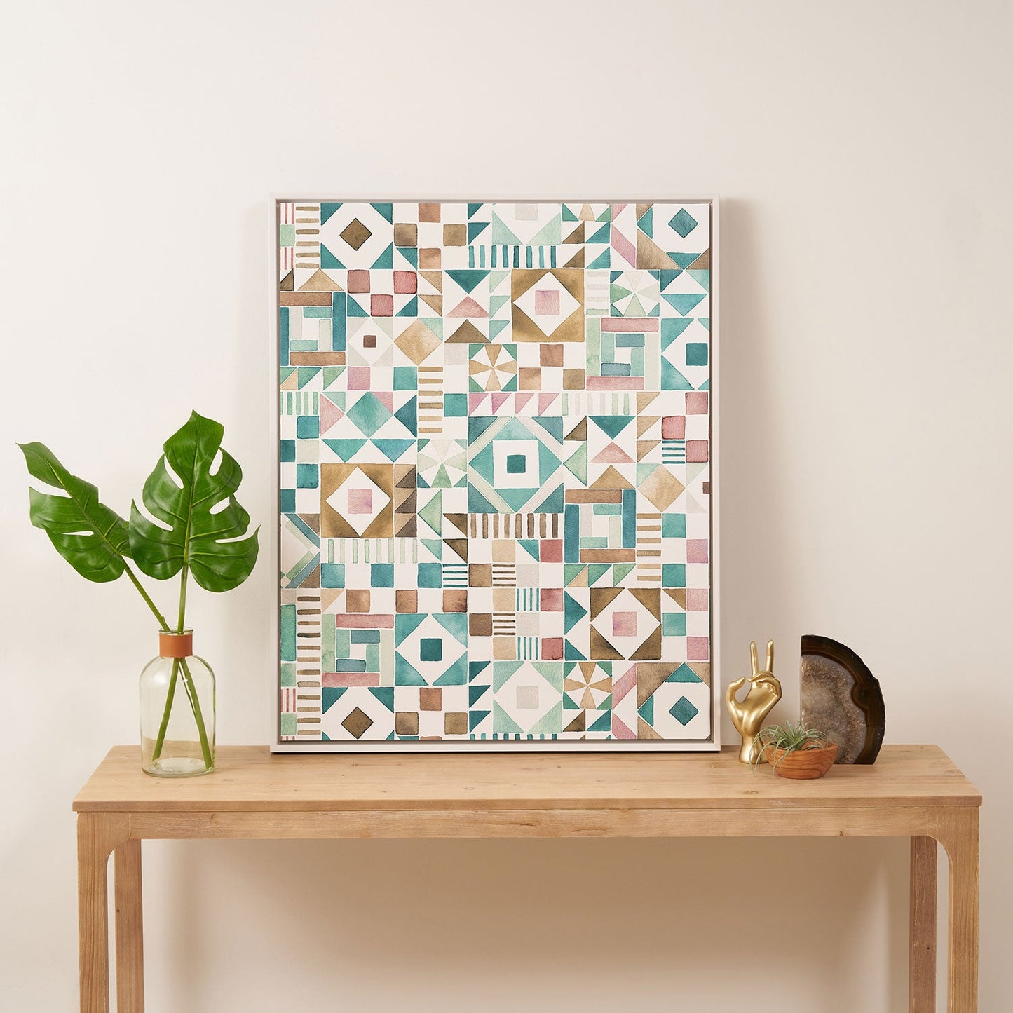 Ninola Design Charming Nostalgia Geometric Tiles Patchwork Aqua Pink Gold Art Canvas