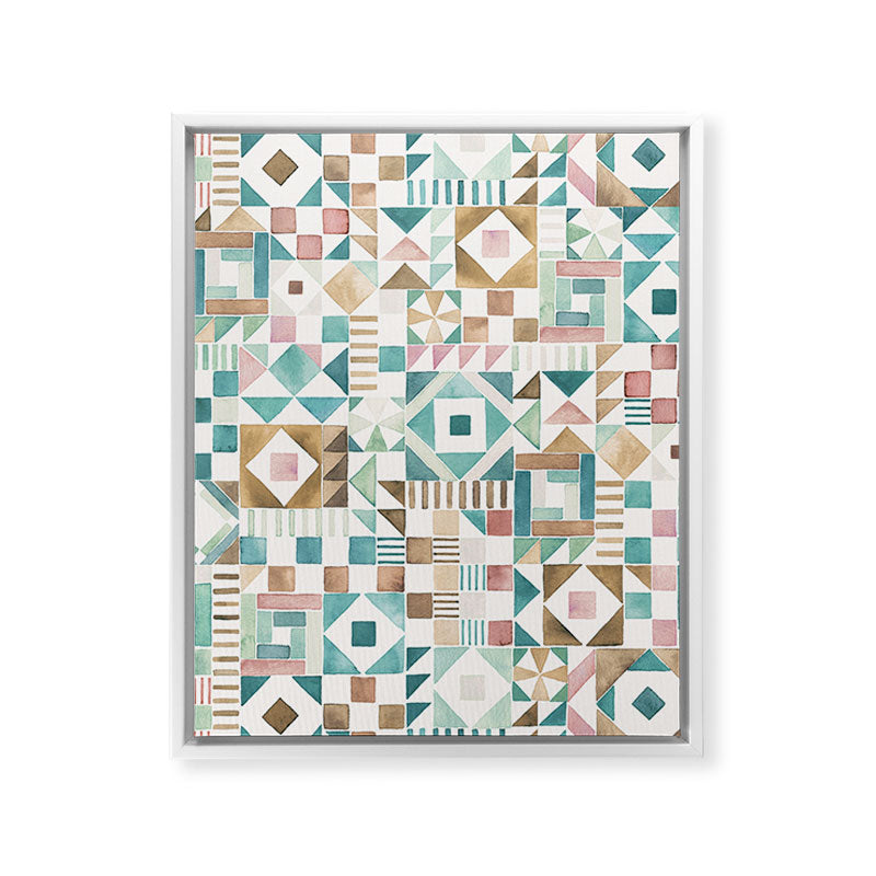 Ninola Design Charming Nostalgia Geometric Tiles Patchwork Aqua Pink Gold Art Canvas