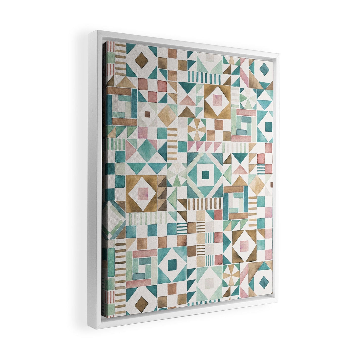Ninola Design Charming Nostalgia Geometric Tiles Patchwork Aqua Pink Gold Art Canvas