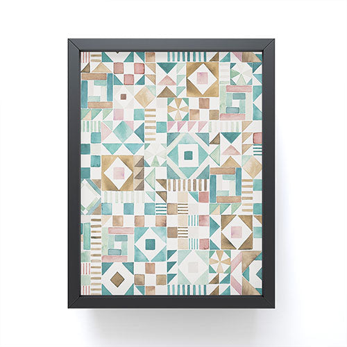 Ninola Design Charming Nostalgia Geometric Tiles Patchwork Aqua Pink Gold Framed Mini Art Print
