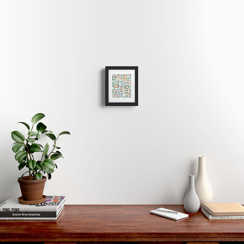 Ninola Design Charming Nostalgia Geometric Tiles Patchwork Aqua Pink Gold Framed Art Print