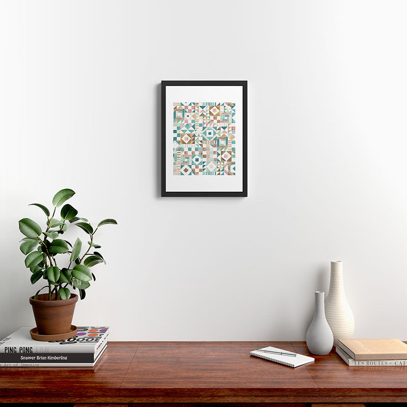 Ninola Design Charming Nostalgia Geometric Tiles Patchwork Aqua Pink Gold Framed Art Print