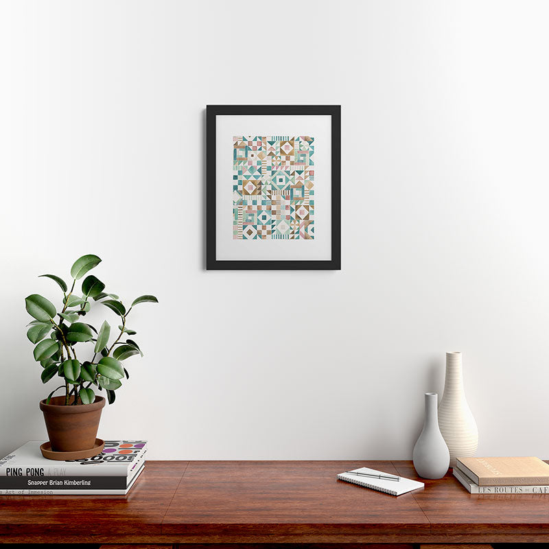 Ninola Design Charming Nostalgia Geometric Tiles Patchwork Aqua Pink Gold Framed Art Print