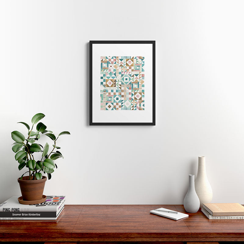 Ninola Design Charming Nostalgia Geometric Tiles Patchwork Aqua Pink Gold Framed Art Print